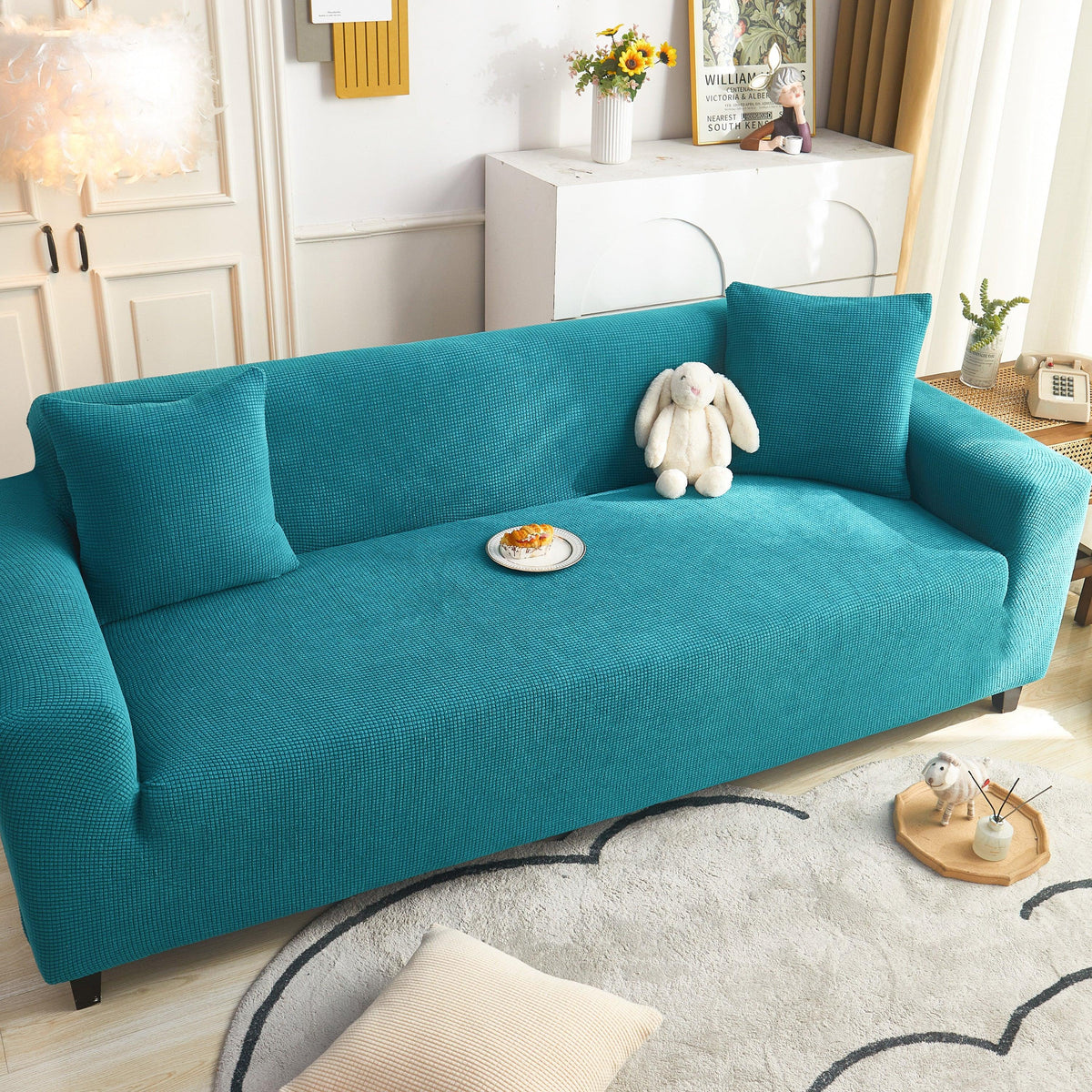 Grid Textured Stretch Sofa Cover, Soft Elastic Slipcover for Couch Protection