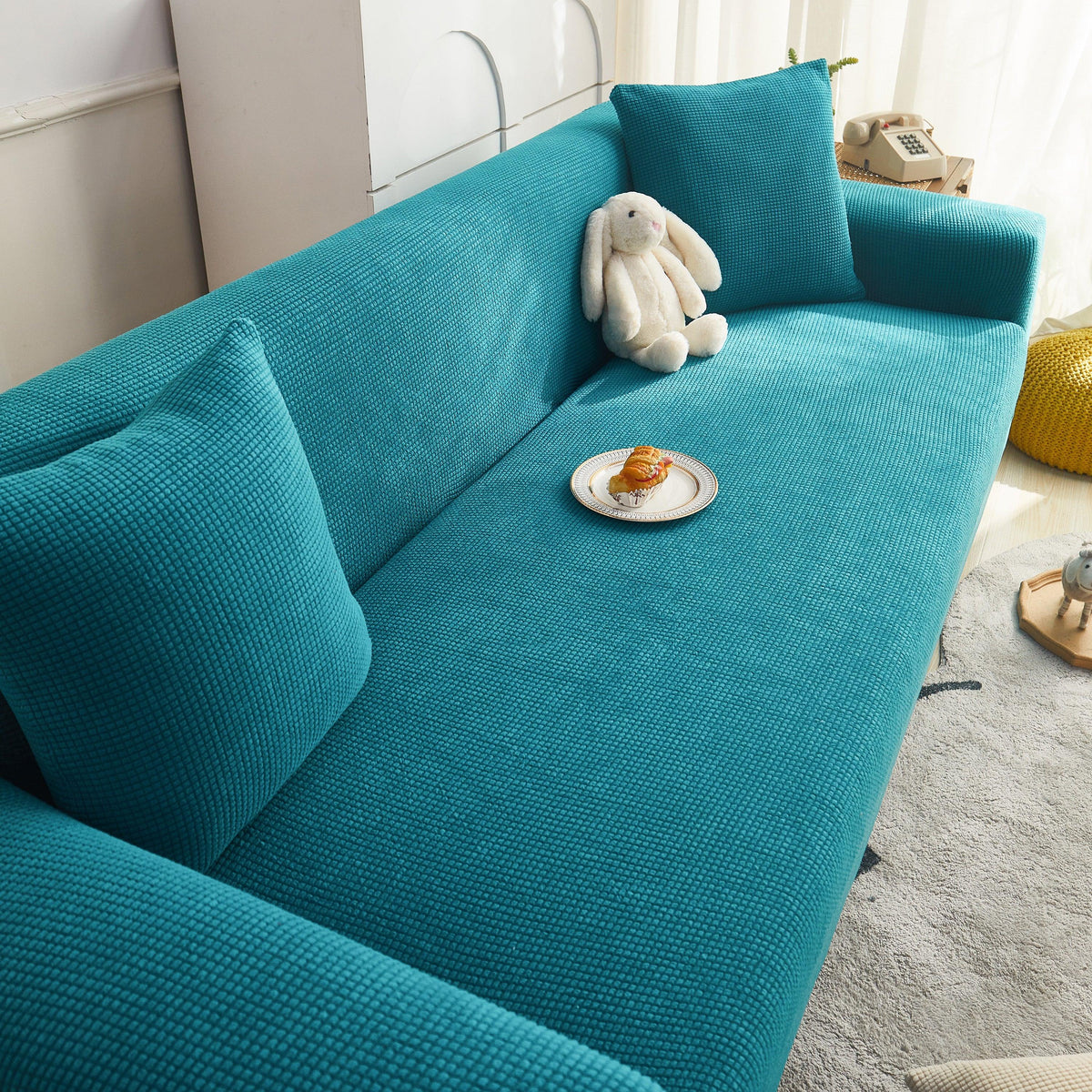 Grid Textured Stretch Sofa Cover, Soft Elastic Slipcover for Couch Protection