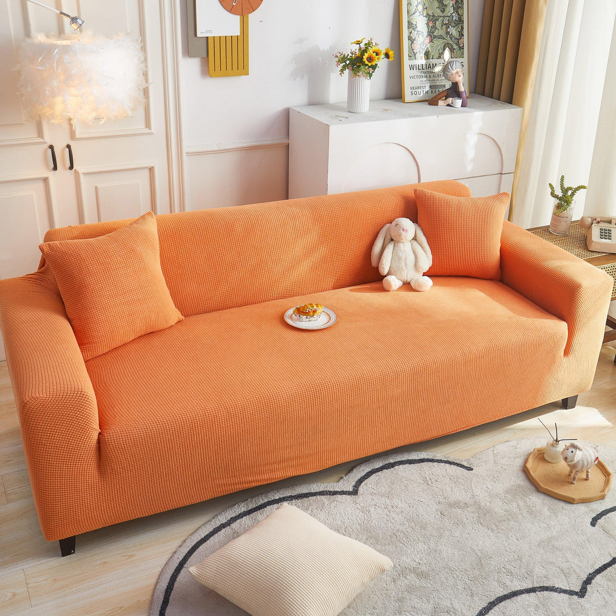 Grid Textured Stretch Sofa Cover, Soft Elastic Slipcover for Couch Protection
