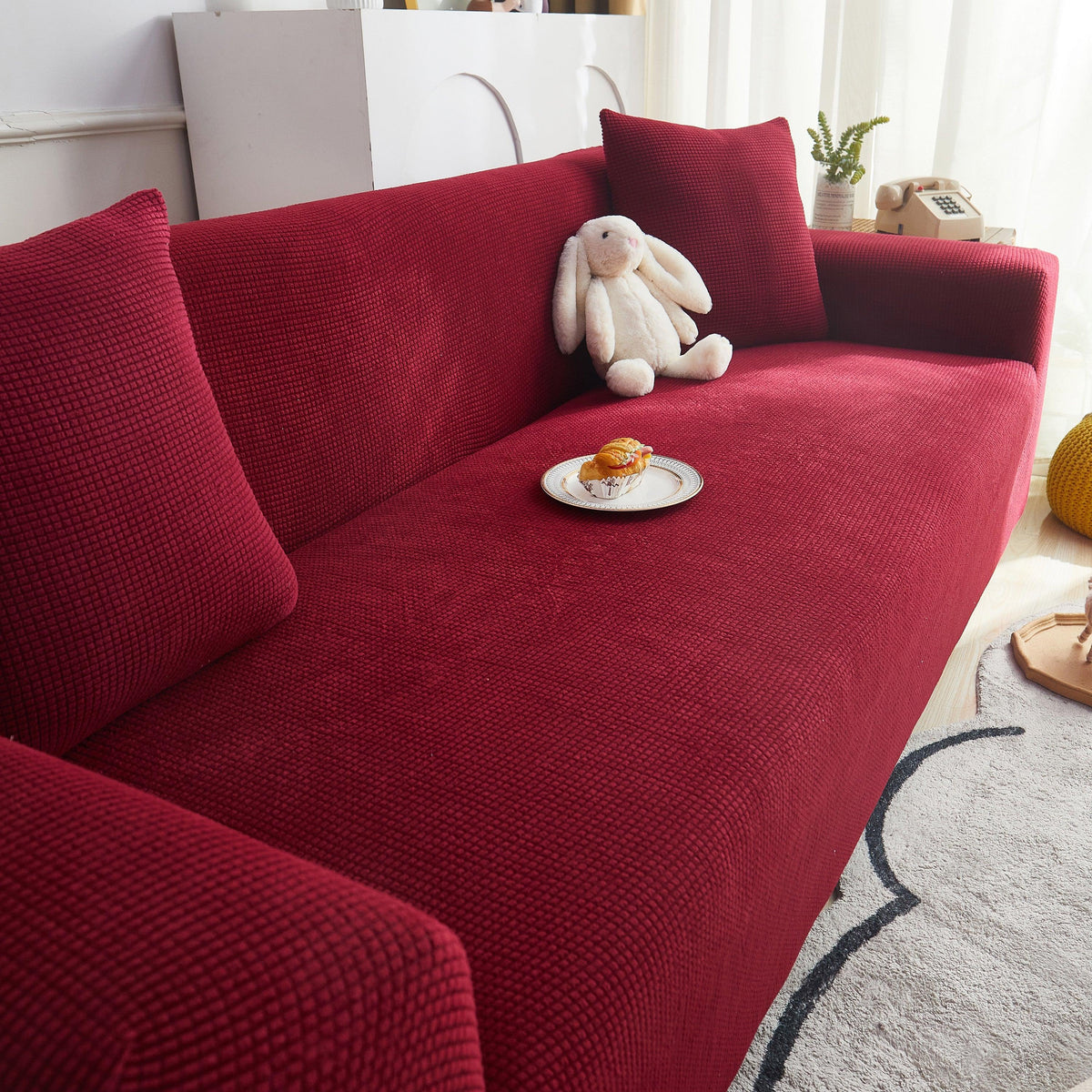 Grid Textured Stretch Sofa Cover, Soft Elastic Slipcover for Couch Protection