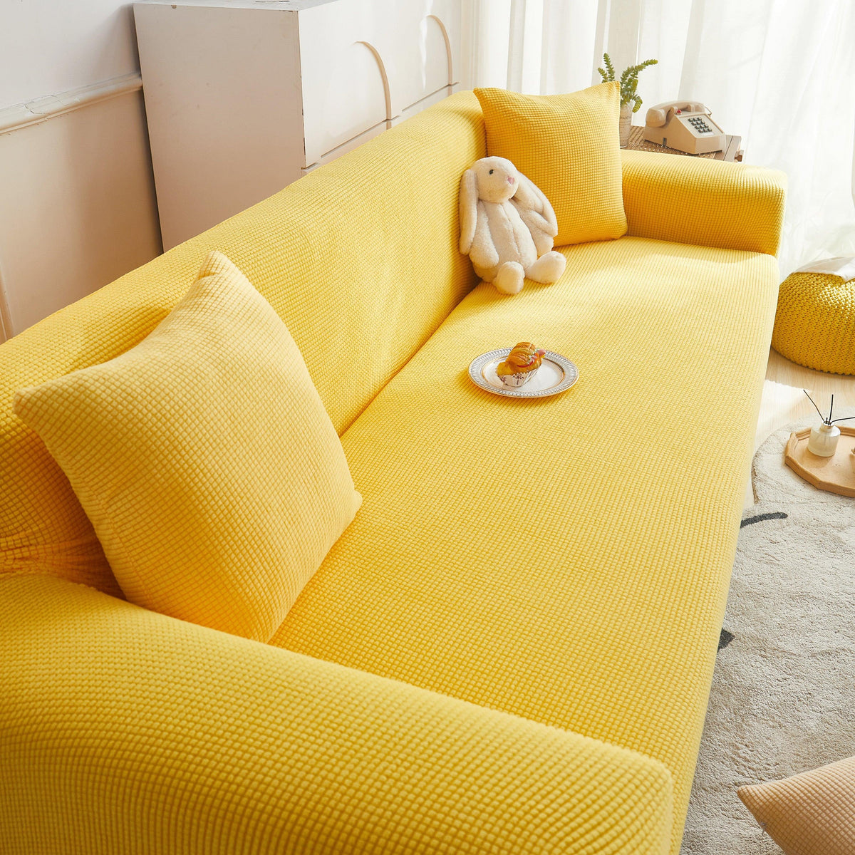 Grid Textured Stretch Sofa Cover, Soft Elastic Slipcover for Couch Protection