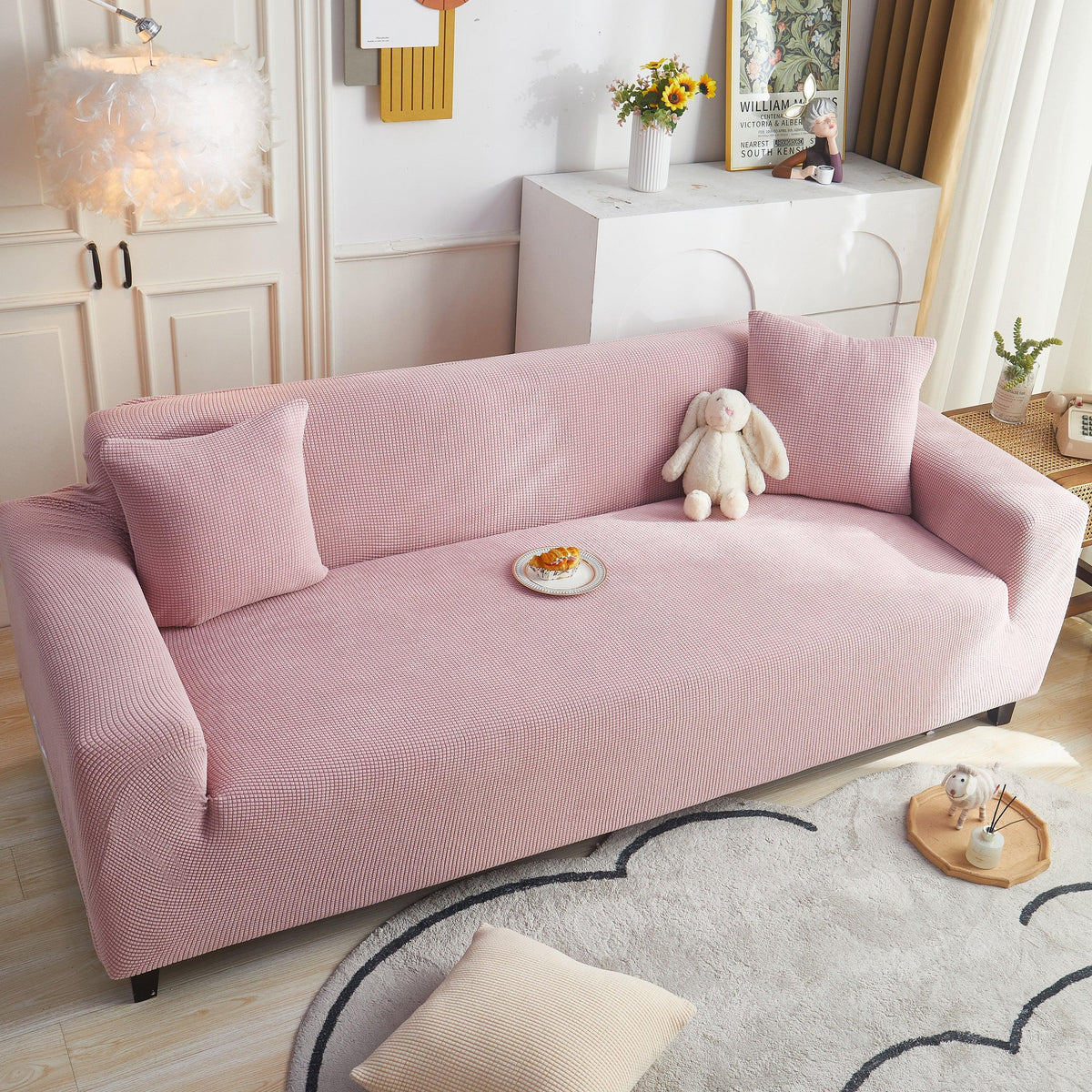 Grid Textured Stretch Sofa Cover, Soft Elastic Slipcover for Couch Protection