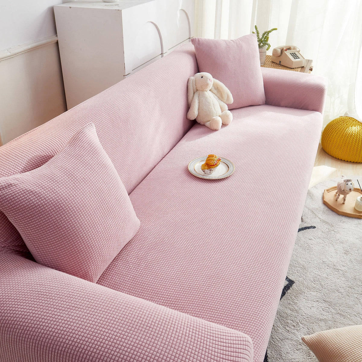 Grid Textured Stretch Sofa Cover, Soft Elastic Slipcover for Couch Protection