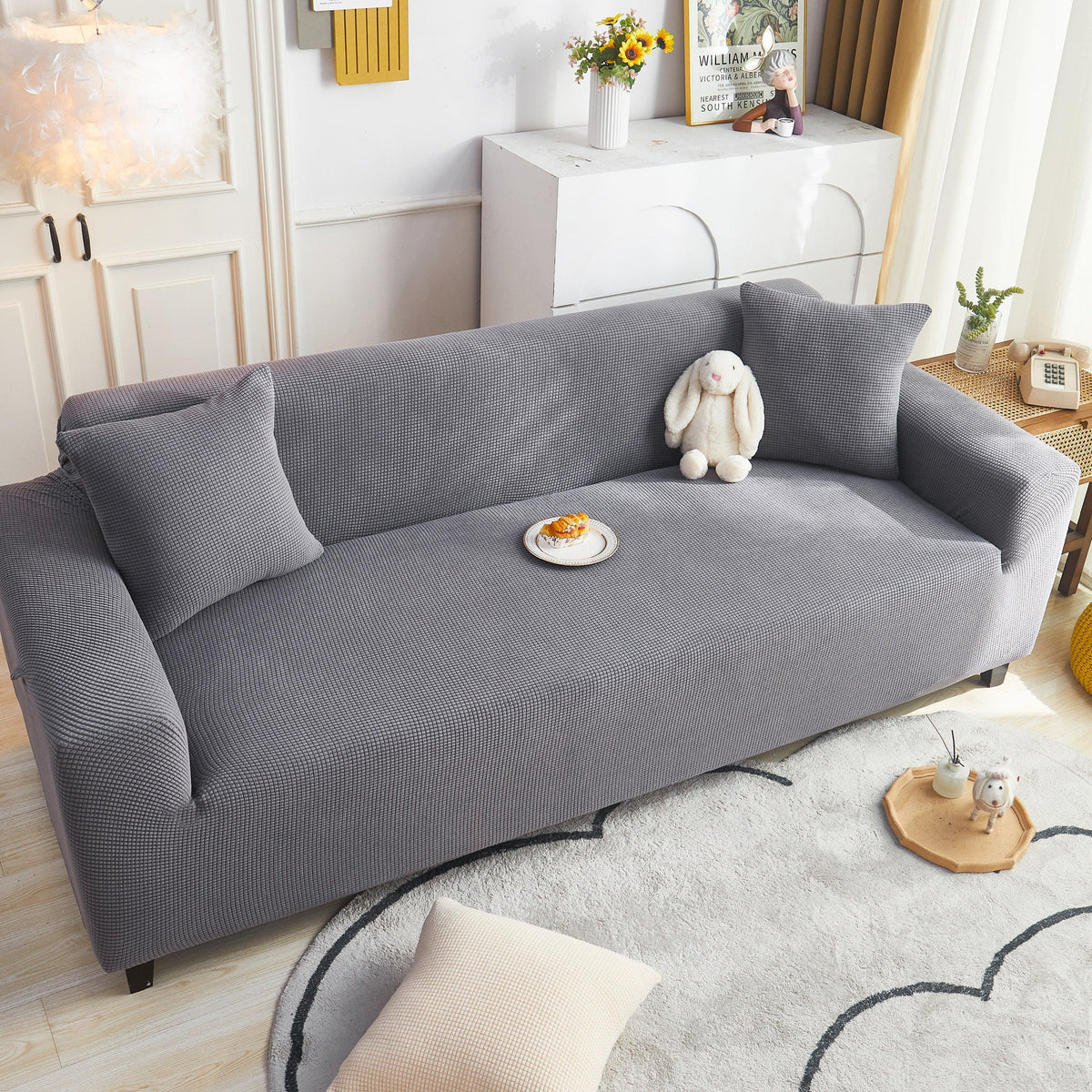 Grid Textured Stretch Sofa Cover, Soft Elastic Slipcover for Couch Protection