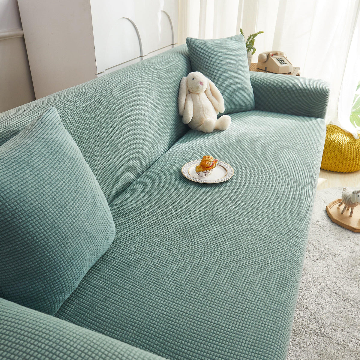 Grid Textured Stretch Sofa Cover, Soft Elastic Slipcover for Couch Protection