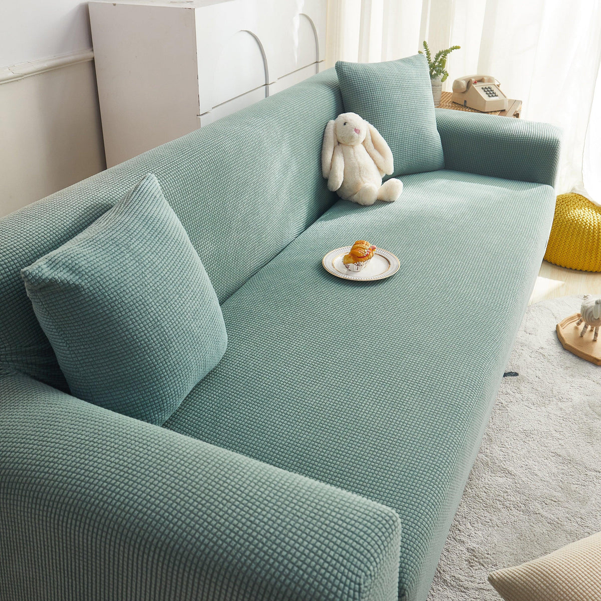 Grid Textured Stretch Sofa Cover, Soft Elastic Slipcover for Couch Protection