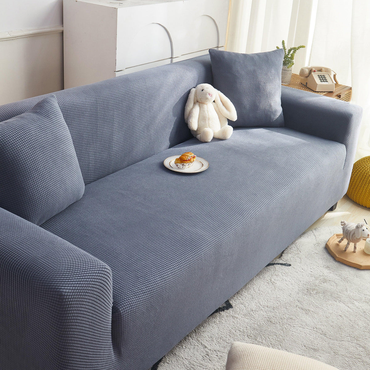 Grid Textured Stretch Sofa Cover, Soft Elastic Slipcover for Couch Protection