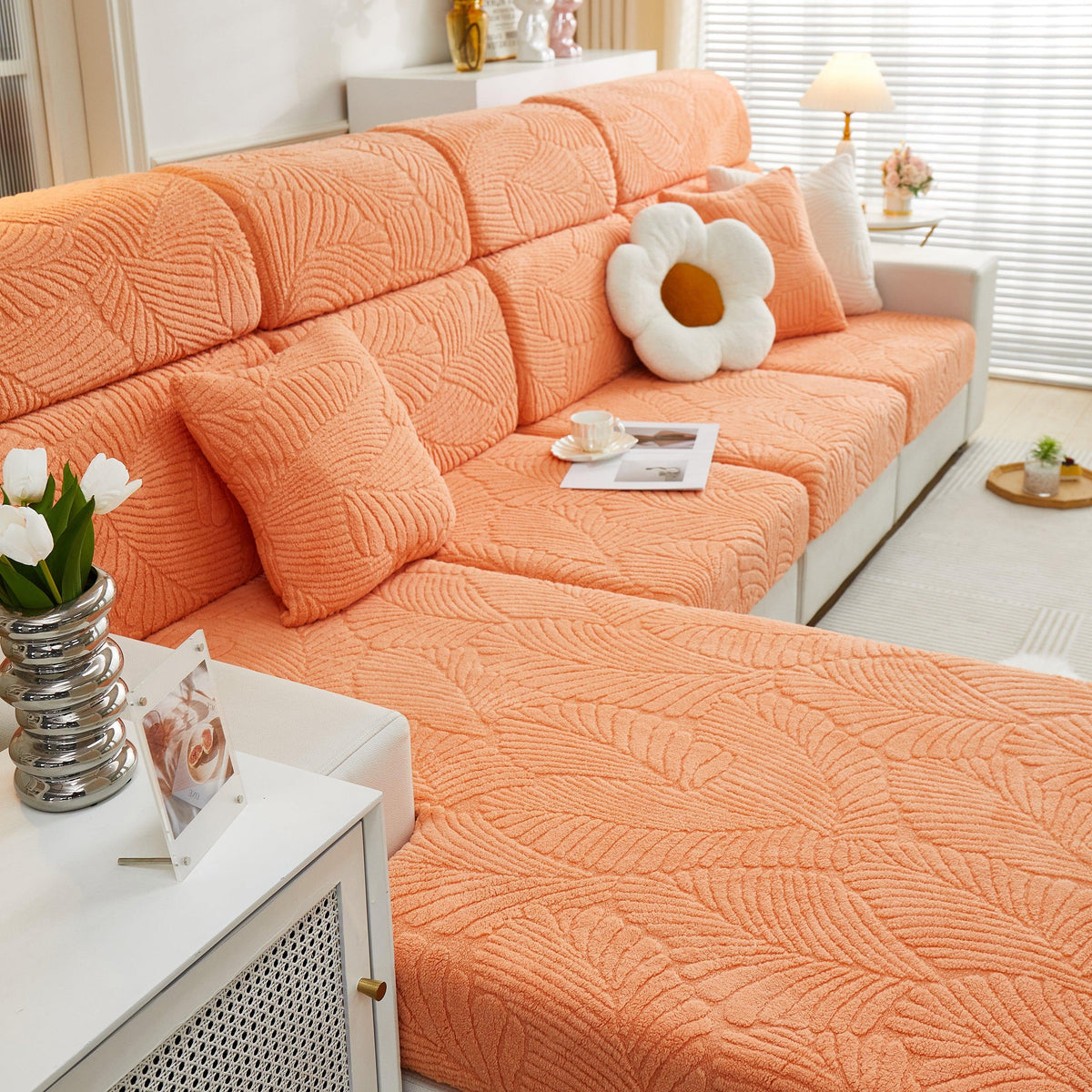 Cozy Plush Coral Fleece Sofa Cushion Slipcovers, Stretch Leaves Cushion Covers, Furniture Slipcovers