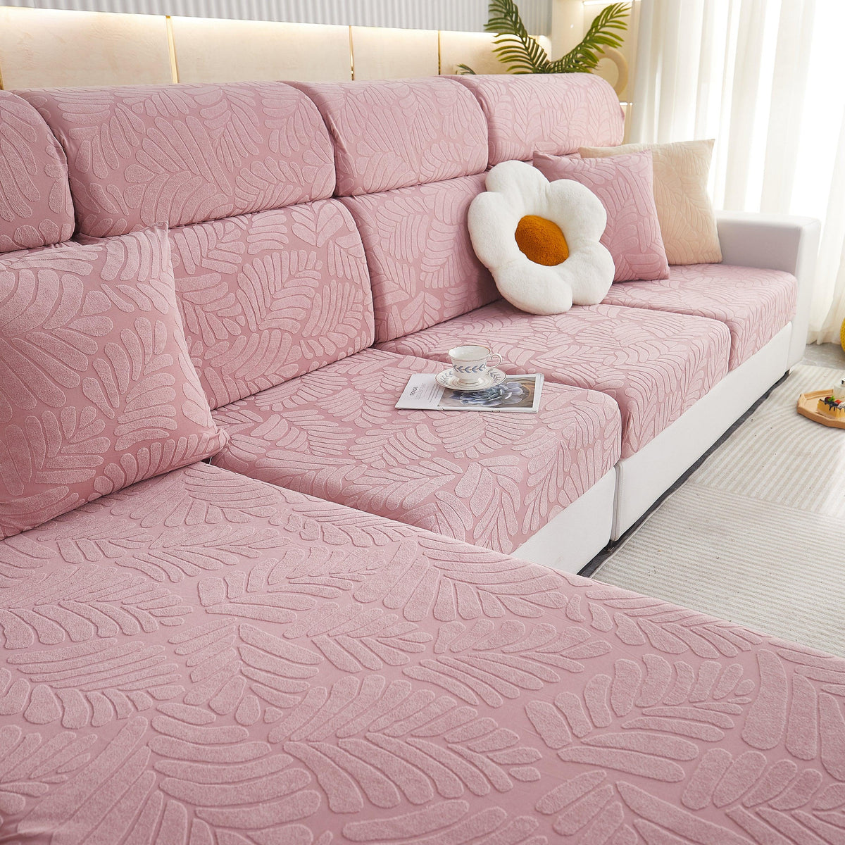Leaf Pattern Jacquard Fabric Stretchable Cushion Cover, Non-Slip Furniture Protector for Kids, L Shaped Couch Covers