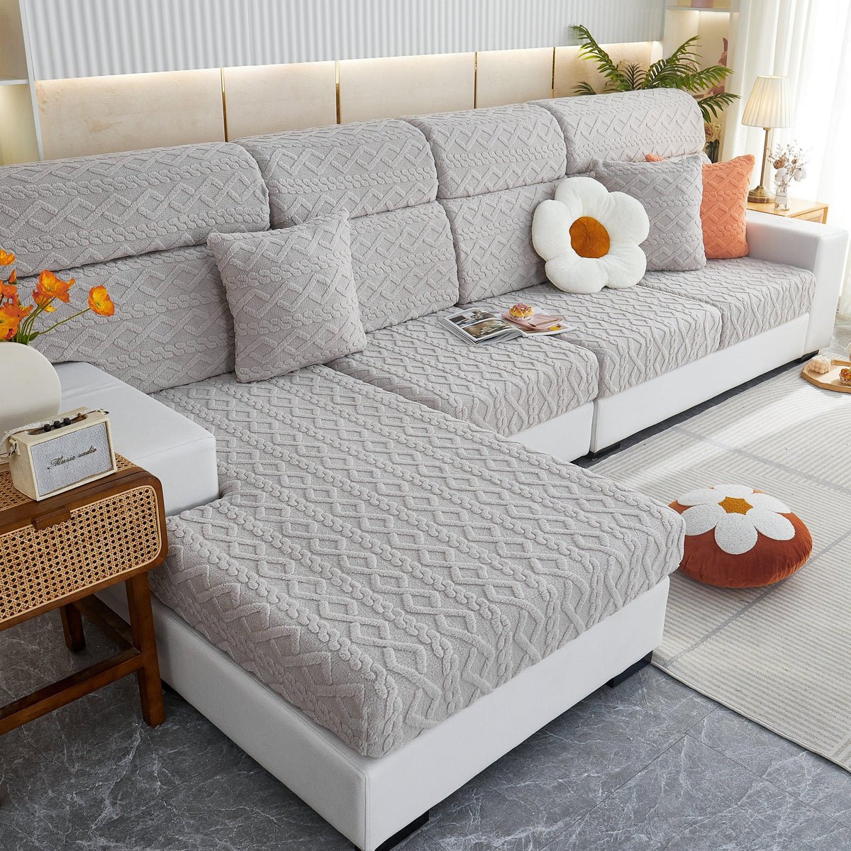 Stretchable Cotton Velvet Non-Slip Furniture Covers Couch Cushion Covers for L-Shaped Sofa, Pets
