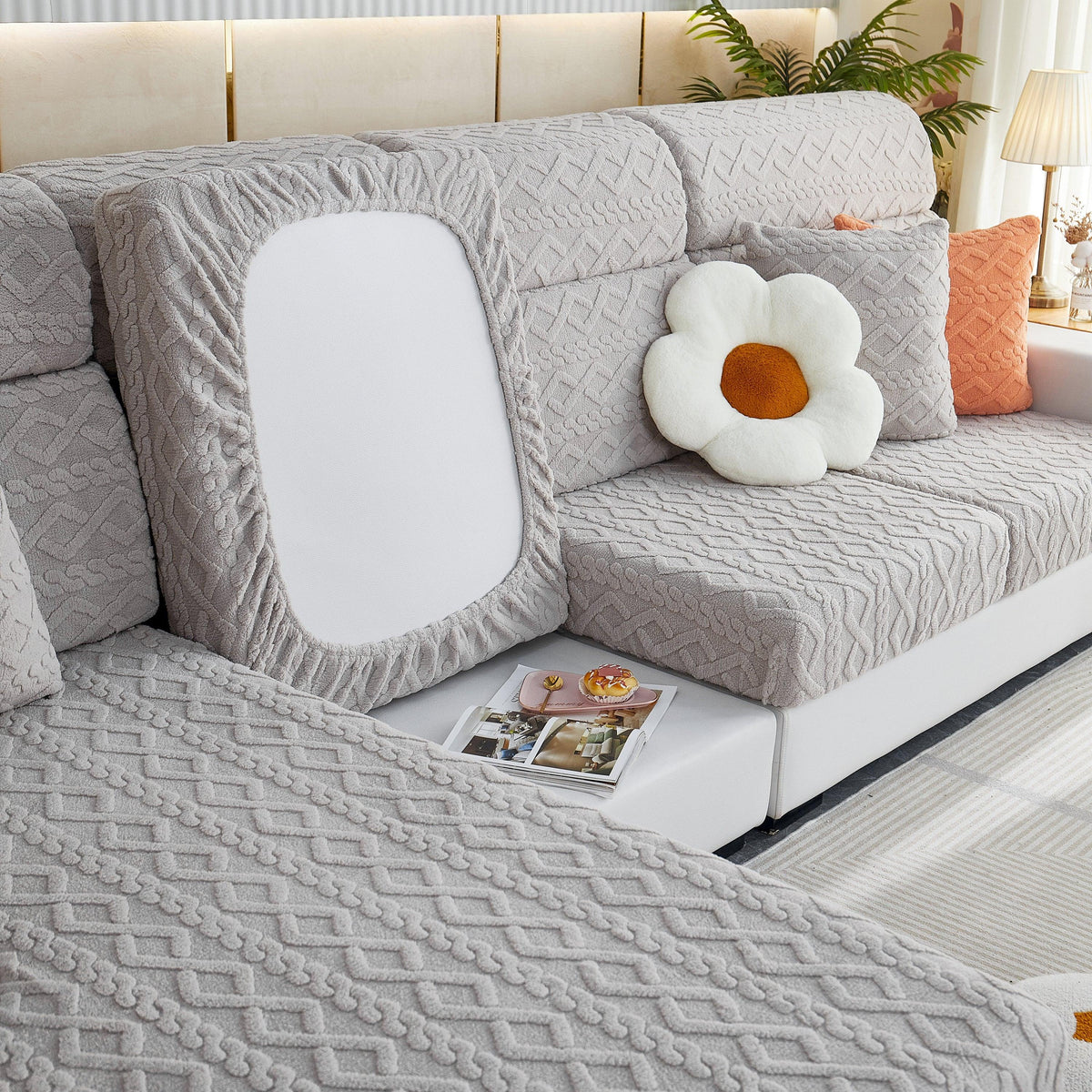 Stretchable Cotton Velvet Non-Slip Furniture Covers Couch Cushion Covers for L-Shaped Sofa, Pets
