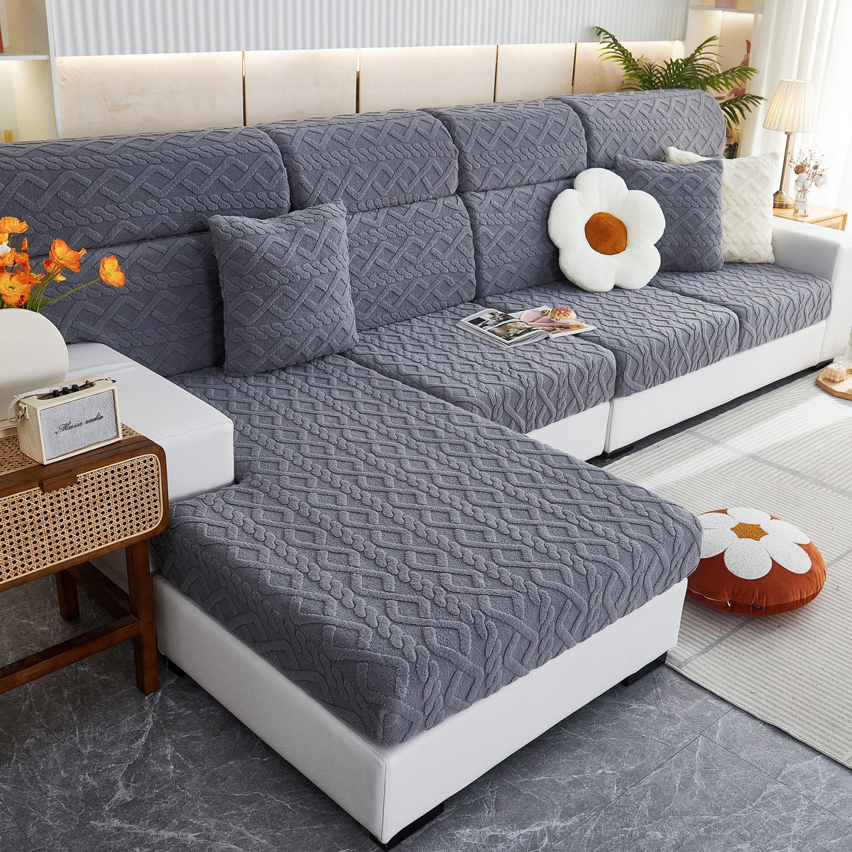 Stretchable Cotton Velvet Non-Slip Furniture Covers Couch Cushion Covers for L-Shaped Sofa, Pets