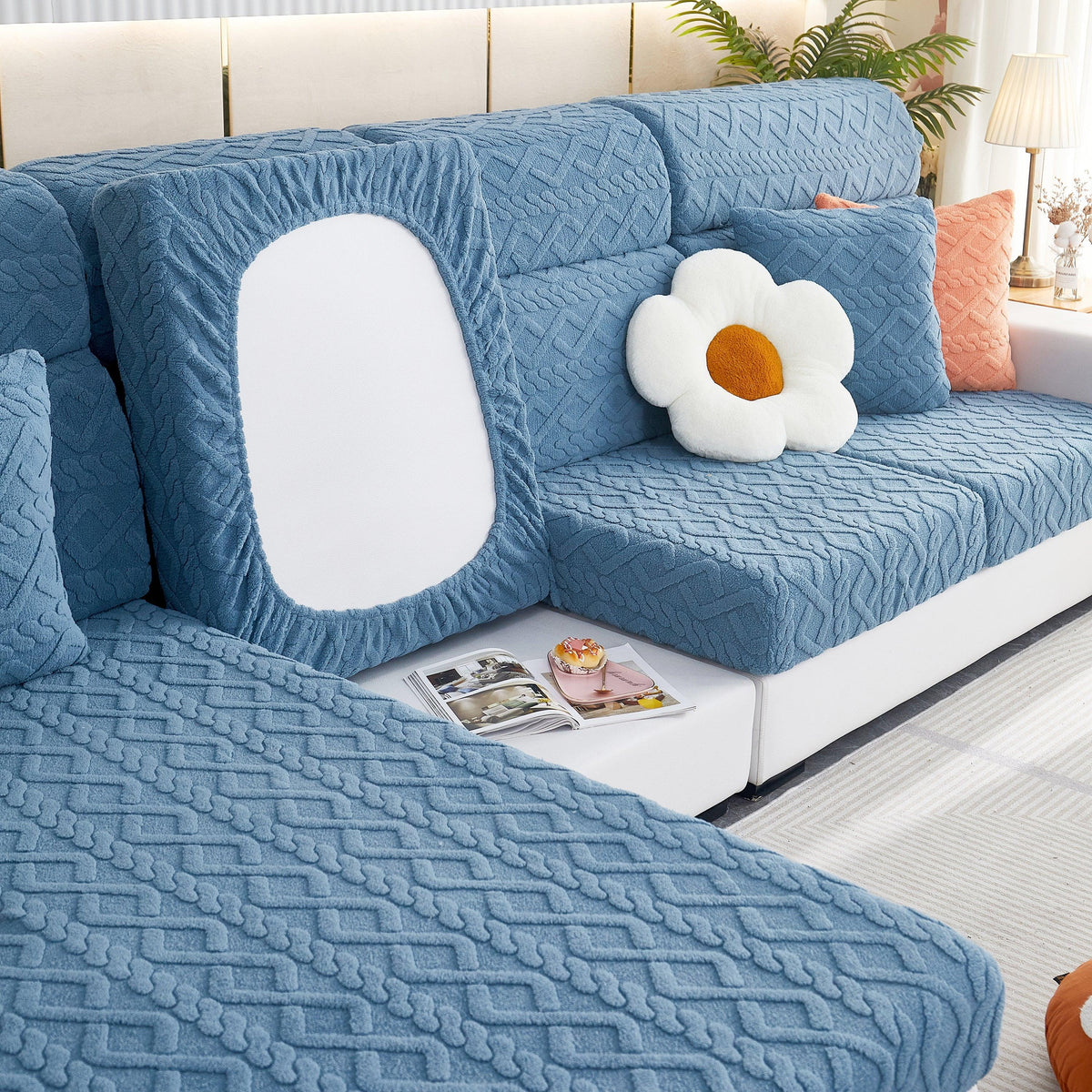 Stretchable Cotton Velvet Non-Slip Furniture Covers Couch Cushion Covers for L-Shaped Sofa, Pets
