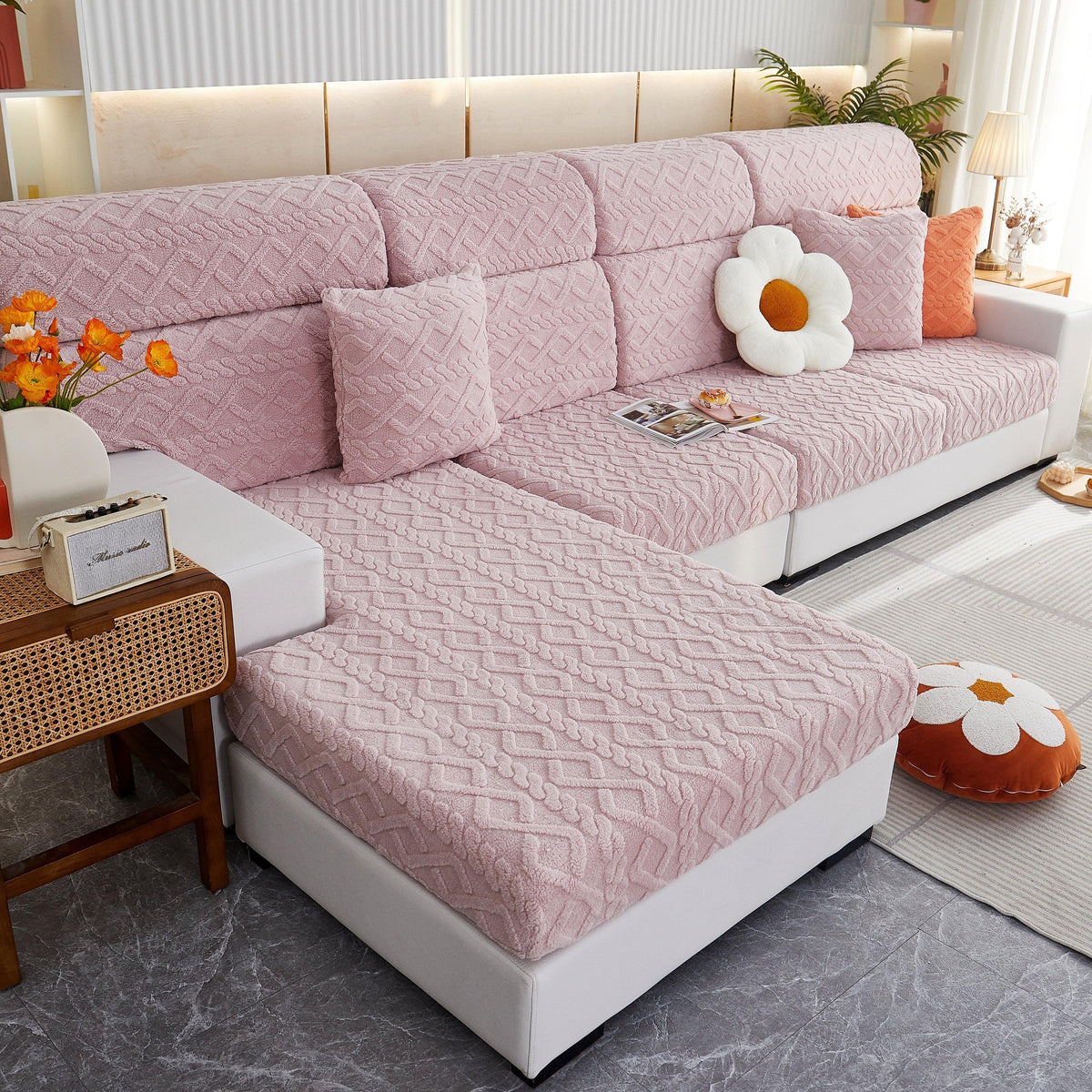 Stretchable Cotton Velvet Non-Slip Furniture Covers Couch Cushion Covers for L-Shaped Sofa, Pets