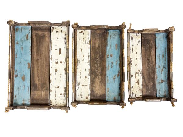 Rusty Wood ServingTray with Metal handle set of 3pcs