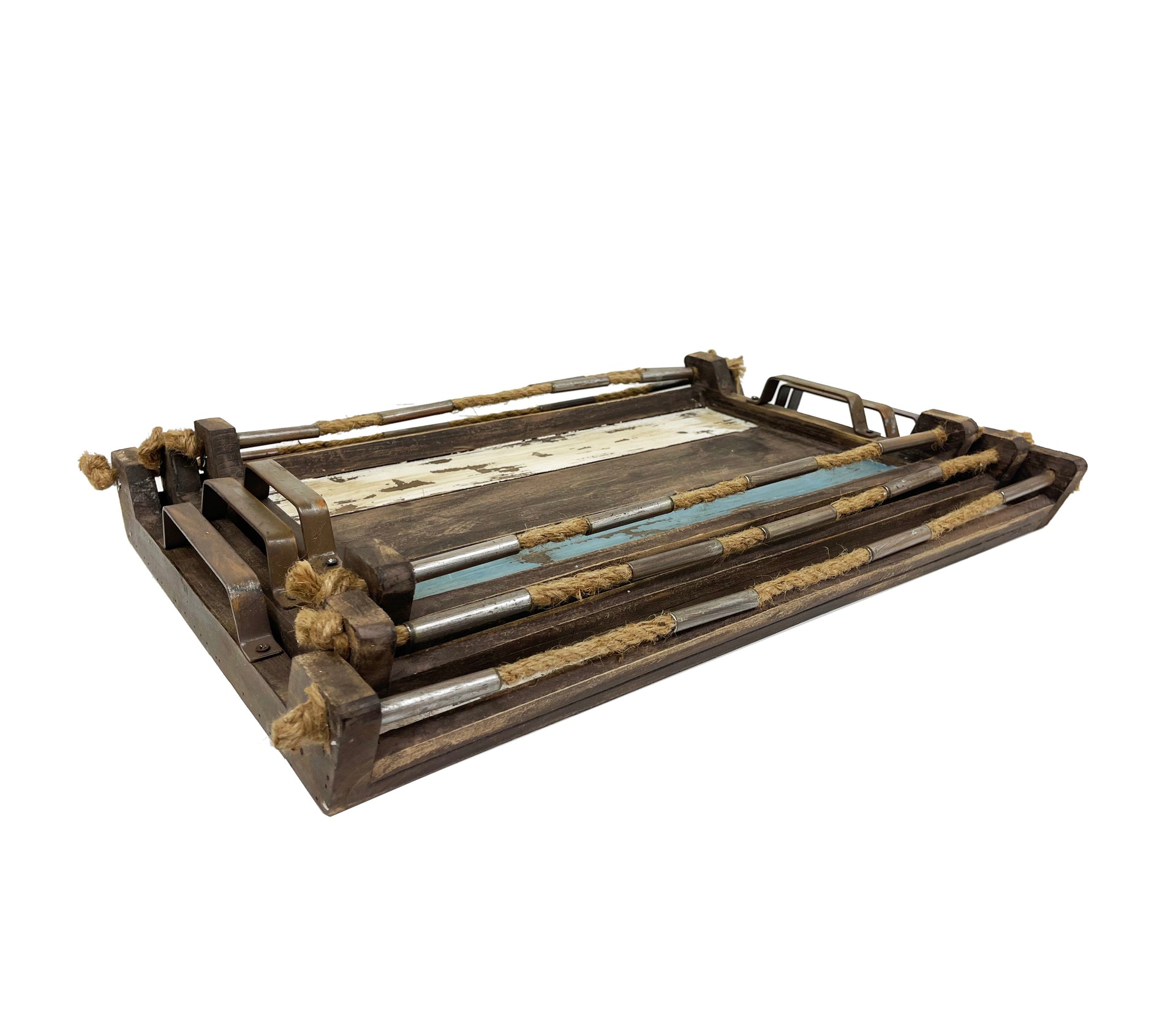 Rusty Wood ServingTray with Metal handle set of 3pcs