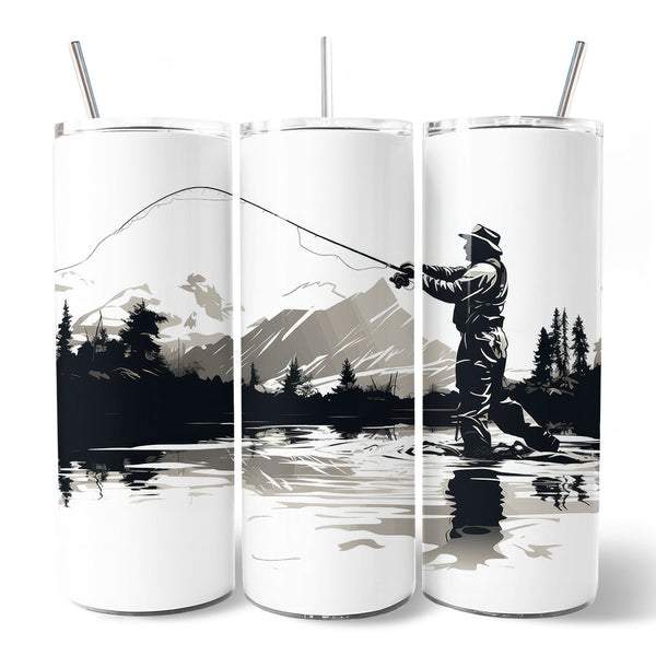 Fly Fishing Mountain Lake Scene 20oz Personalized Tumbler With Lid and Stainless Steel Straw, Angler Outdoor Adventure Gift Cup