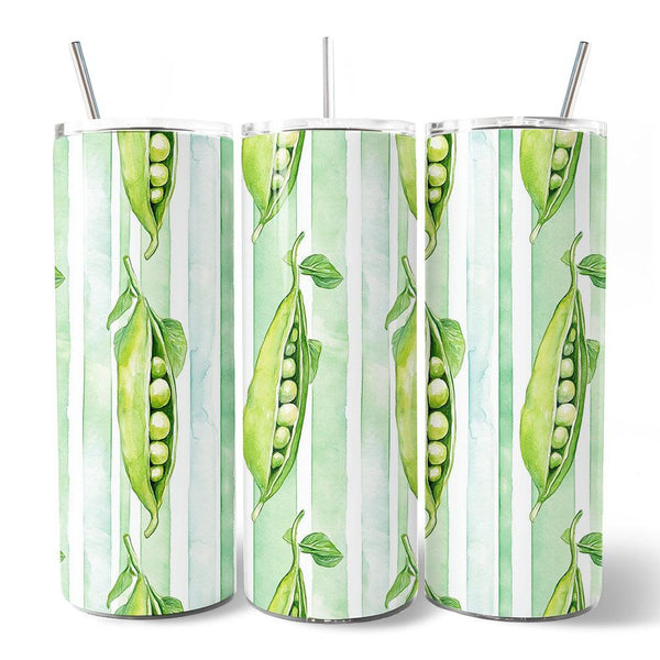 Fresh Green Pea Pod Pattern 20oz Personalized Tumbler With Lid and Stainless Steel Straw, Watercolor Garden Vegetable Gift Cup