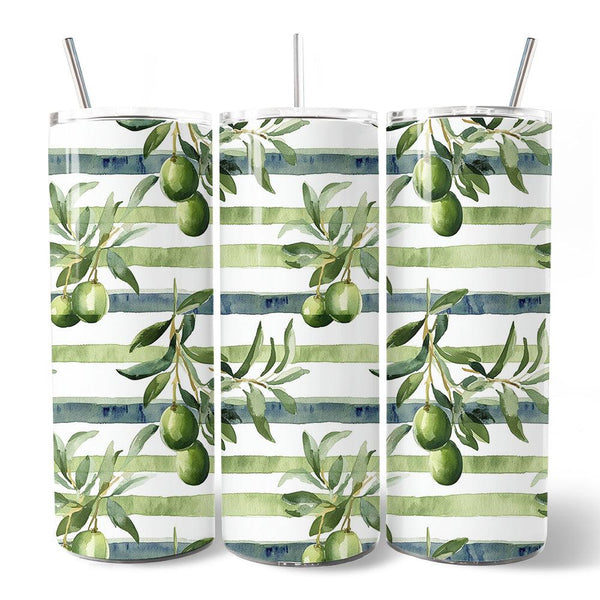Green Olive Branch Print 20oz Personalized Tumbler With Lid and Stainless Steel Straw, Fresh Botanical Gift Cup