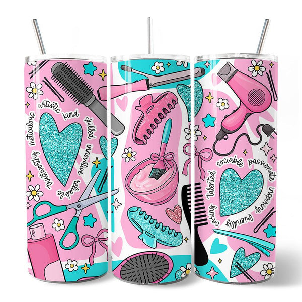 Hair Stylist Beauty Tools Pattern 20oz Personalized Tumbler With Lid and Stainless Steel Straw, Salon Cosmetology Gift Cup