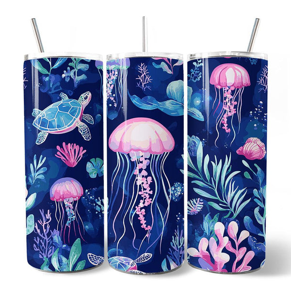 Ocean Jellyfish and Sea Turtle 20oz Personalized Tumbler With Lid and Stainless Steel Straw, Underwater Coral Reef Gift Cup