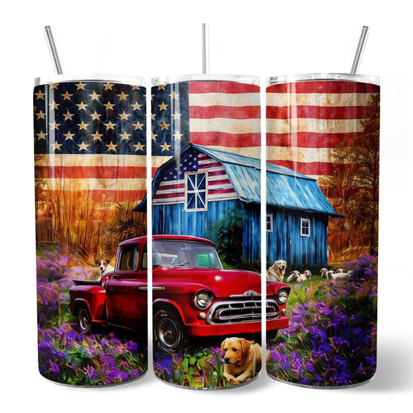 Rustic Old Red Truck and Country Barn 20oz Personalized Tumbler With Lid and Stainless Steel Straw, American Homeland Gift Cup