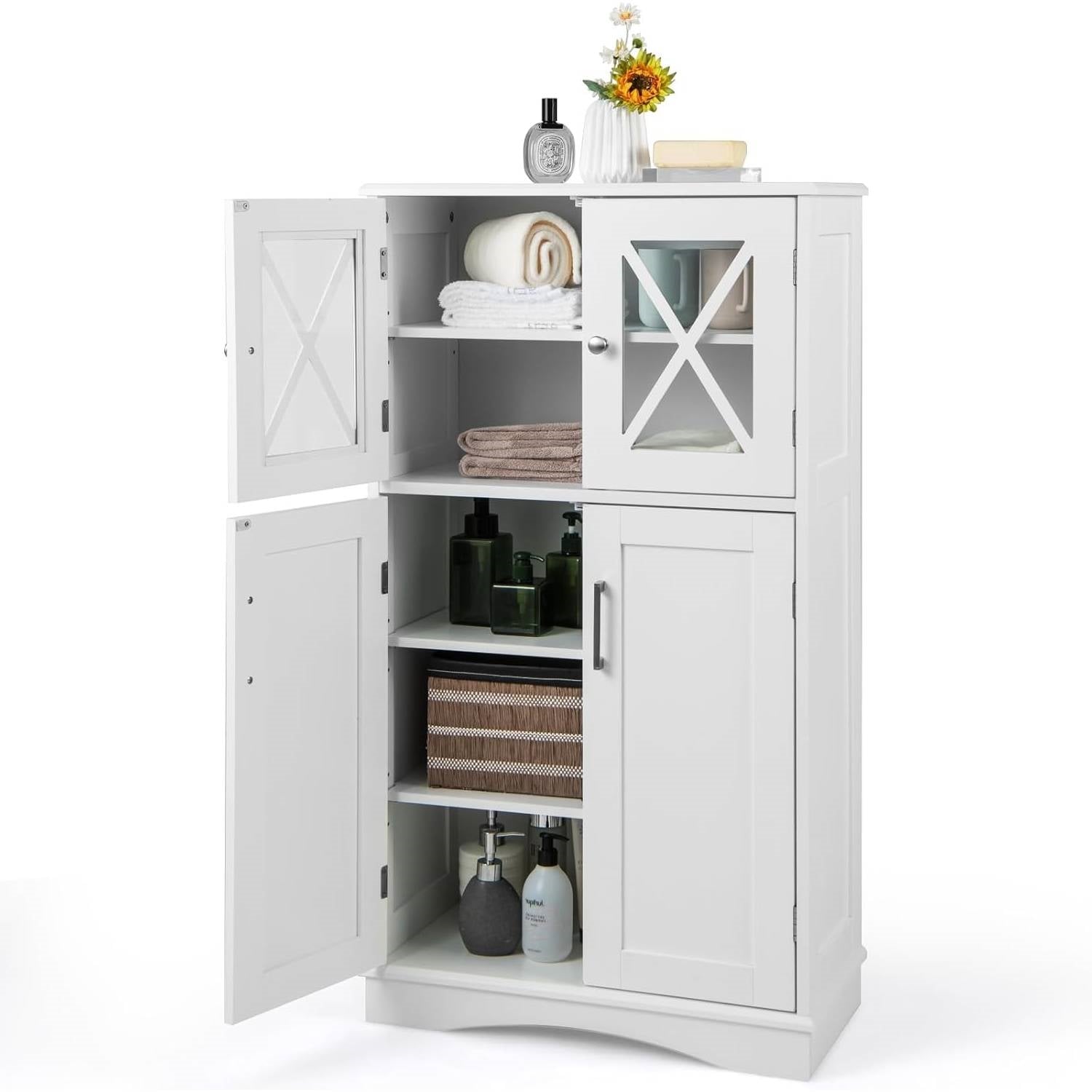 White Bathroom Towel Linen Cabinet with Glass Doors and Storage Shelves