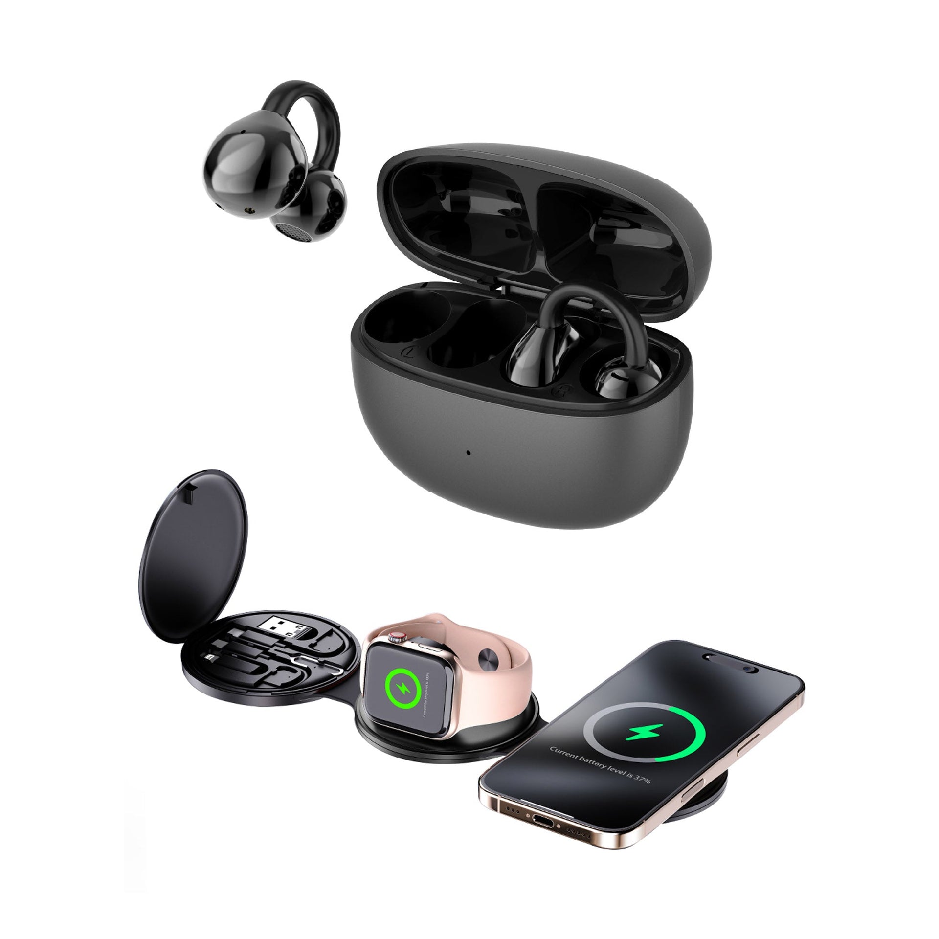 Power & Sound Essentials Bundle – 5-in-1 Folding Wireless Charging Station + True Wireless Earbuds