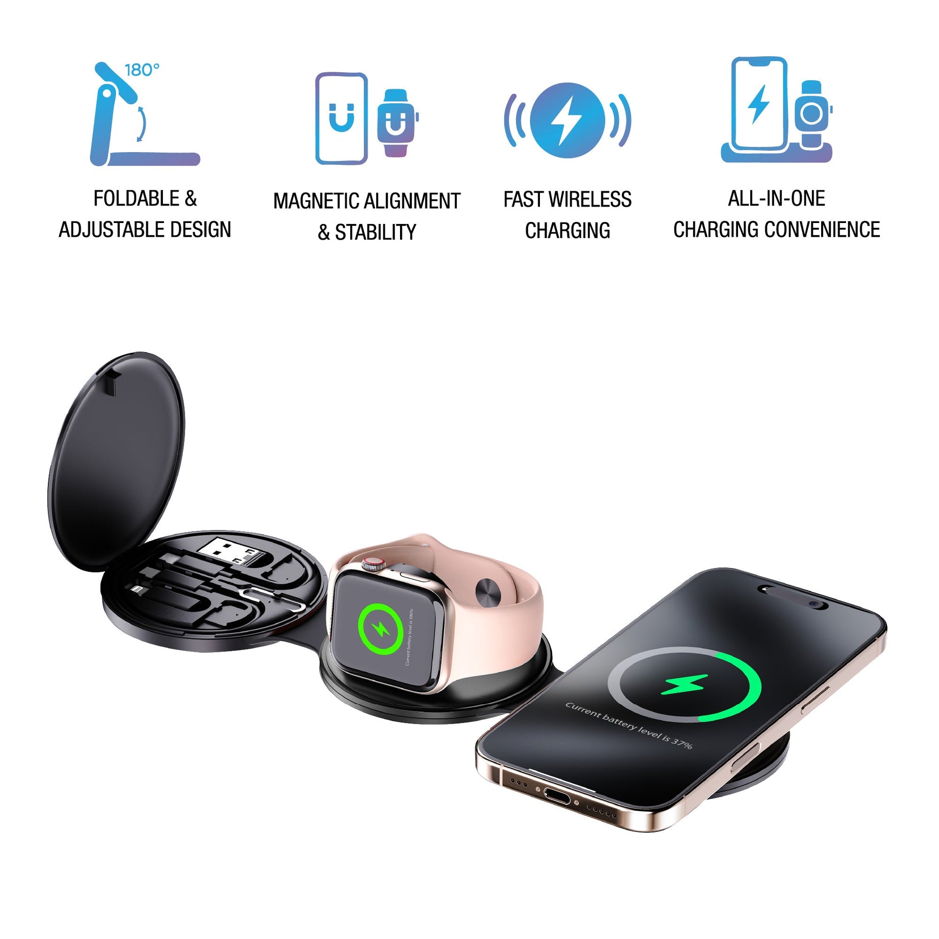 Power & Sound Essentials Bundle – 5-in-1 Folding Wireless Charging Station + True Wireless Earbuds