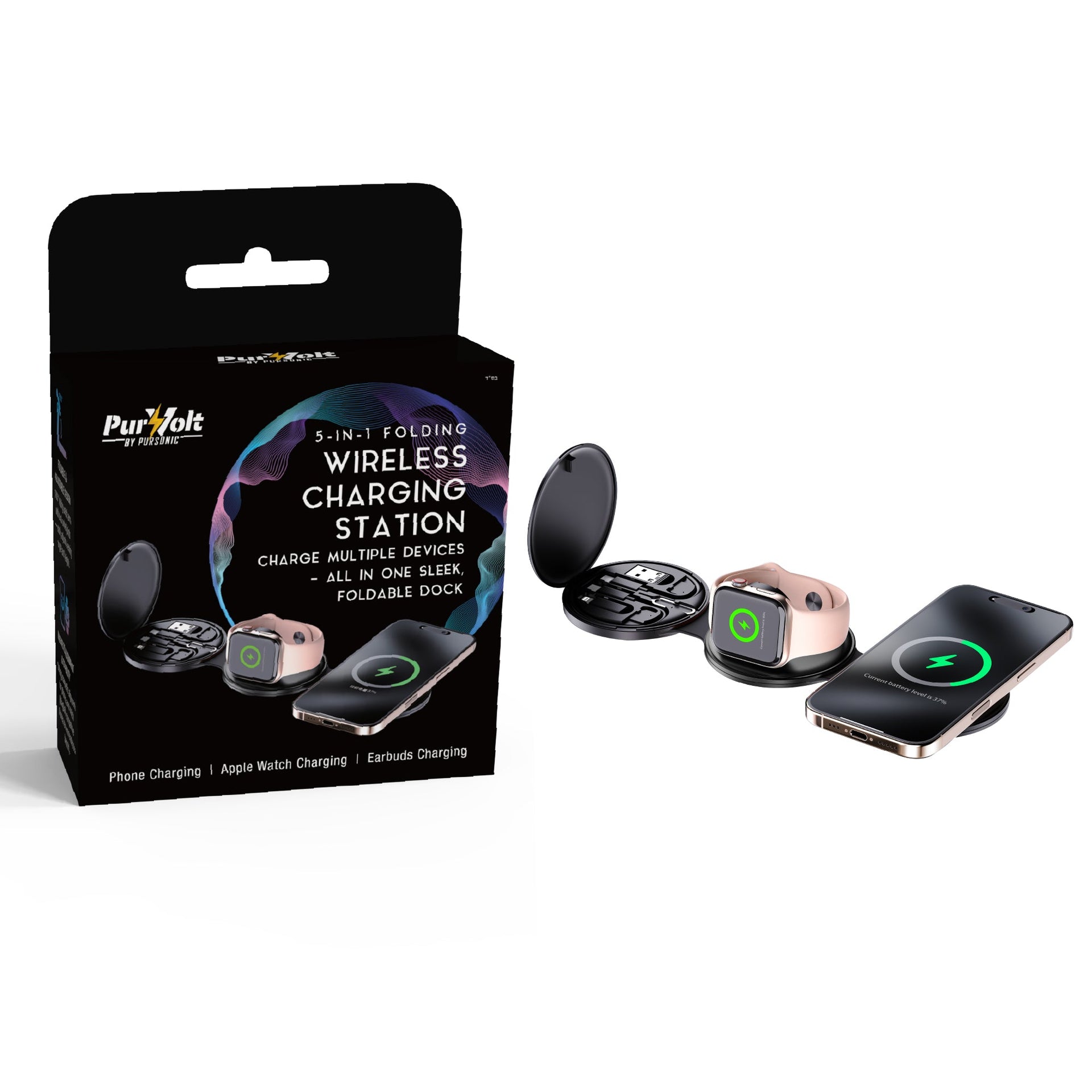 Power & Sound Essentials Bundle – 5-in-1 Folding Wireless Charging Station + True Wireless Earbuds