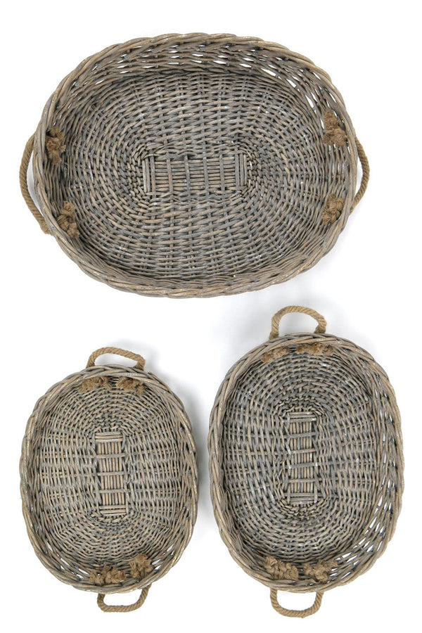 Oval Willow Trays with Jute Handles - Set of 3