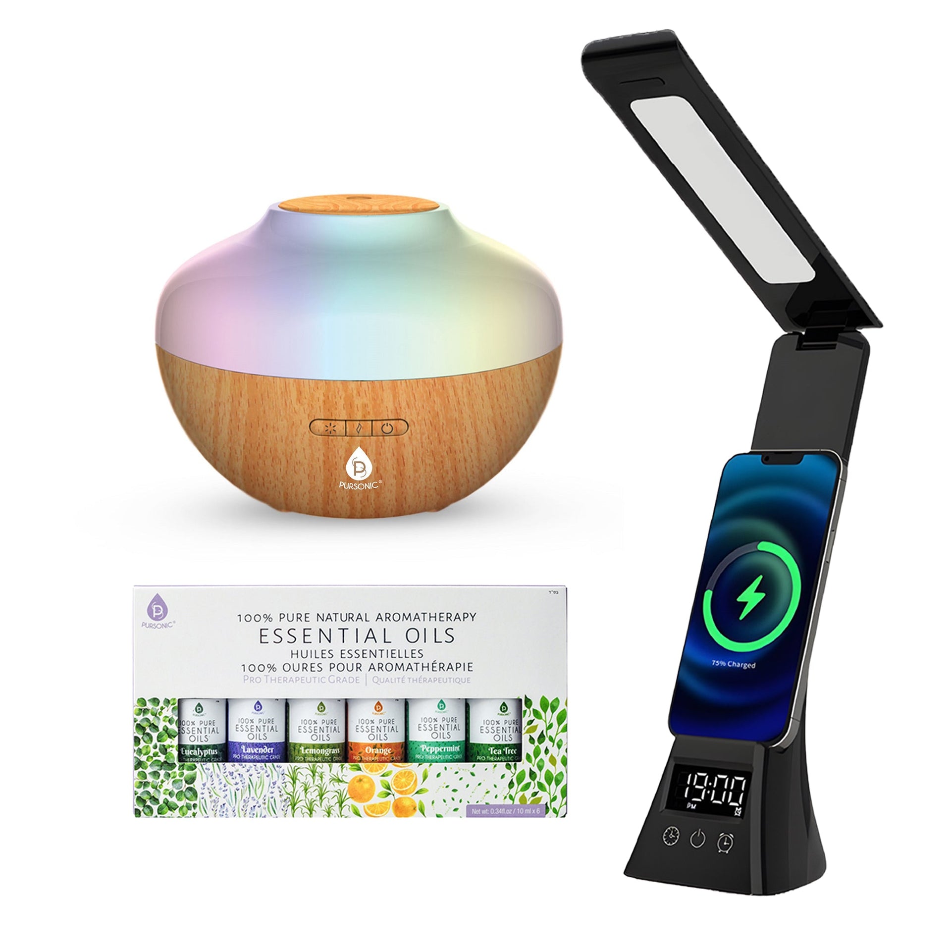 Pursonic Workstation Wellness Bundle – Diffuser, 6 Oils & 3-in-1 LED Desk Lamp