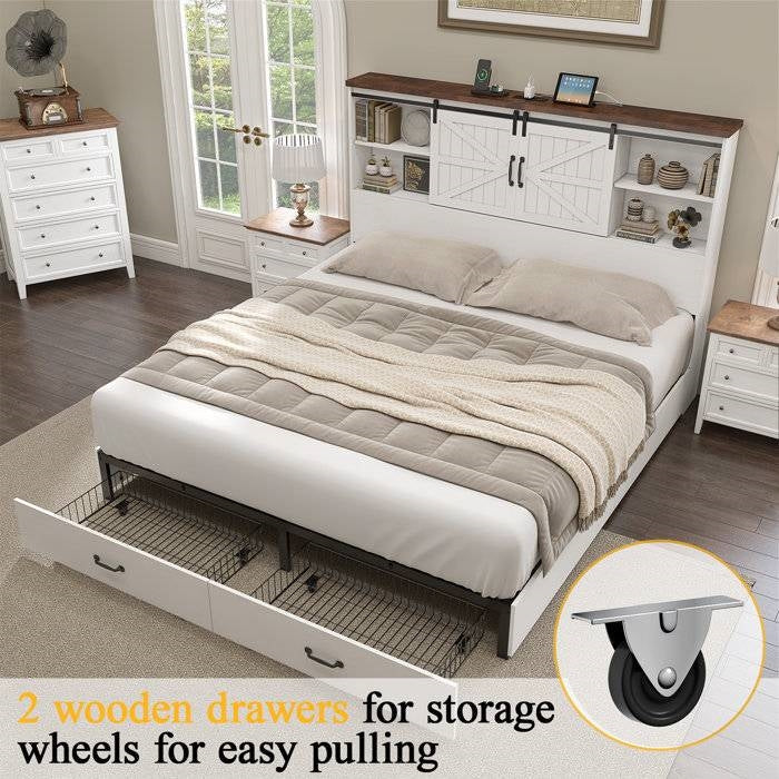 Full White Farmhouse Platform Bed with Bookcase Headboard and Storage Drawers
