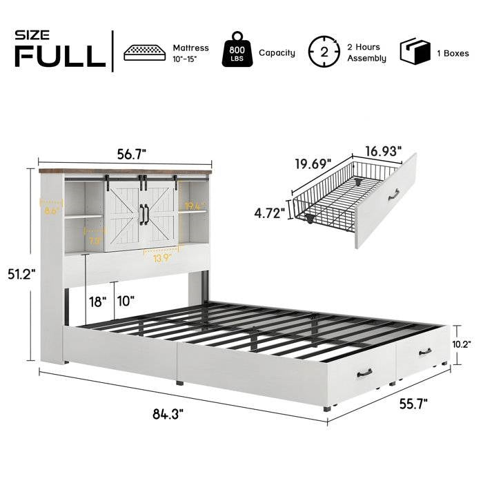 Full White Farmhouse Platform Bed with Bookcase Headboard and Storage Drawers