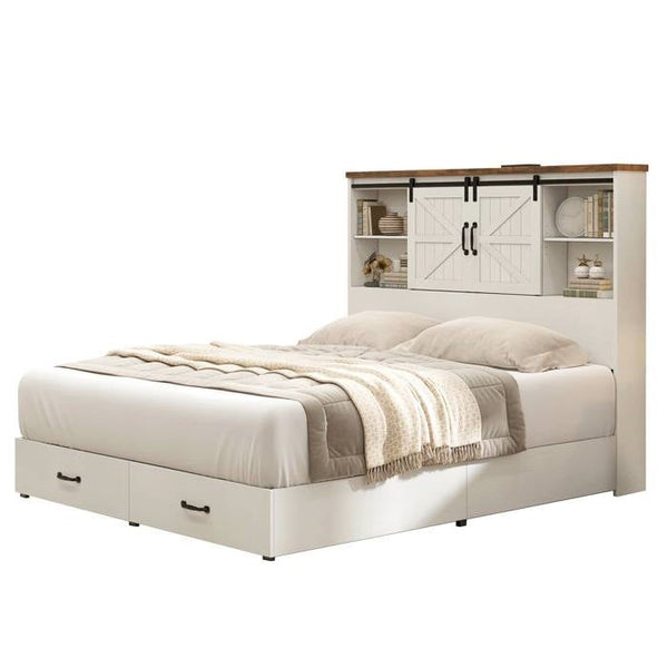Queen White Farmhouse Platform Bed with Bookcase Headboard and Storage Drawers