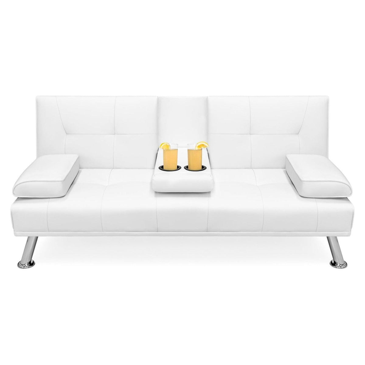 White Faux Leather Convertible Sofa Futon with 2 Cup Holders