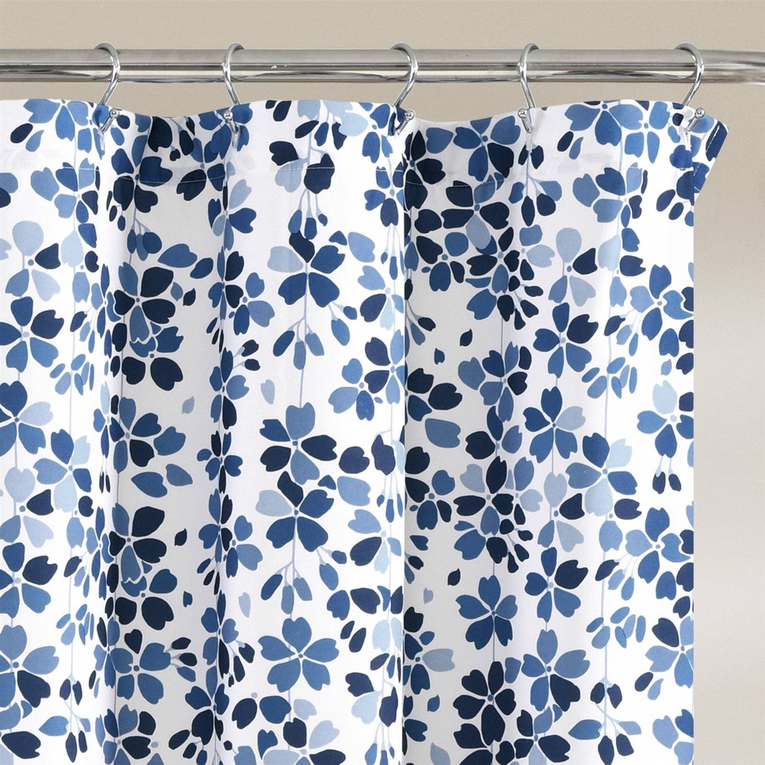 72-inch White Navy and Light Blue Floral Vines and Flowers Shower Curtain