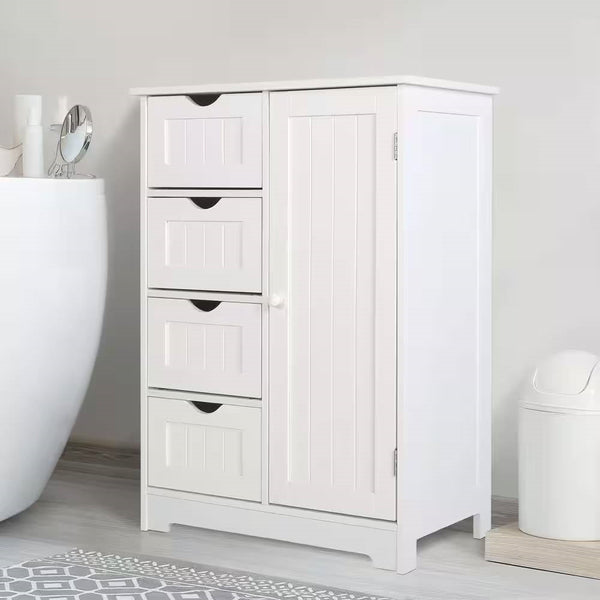 Modern Farmhouse 4-Drawer Bathroom Linen Cabinet in White Wood Finish