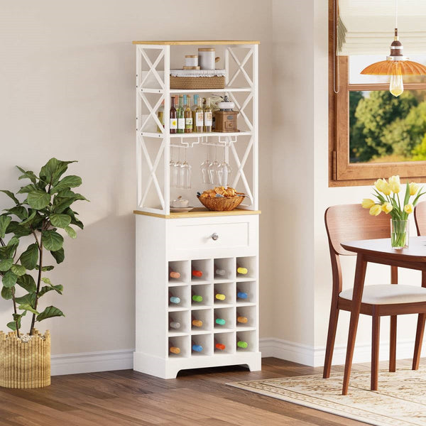 White/Natural Wine Bottle & Glass Rack Cabinet Bar Storage