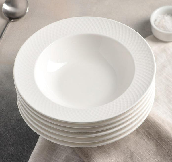 White Porcelain Deep Plate With Embossed Wide Rim 9