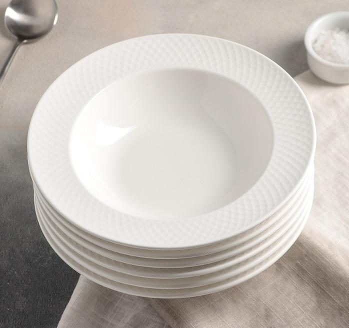 White Porcelain Deep Plate With Embossed Wide Rim 9