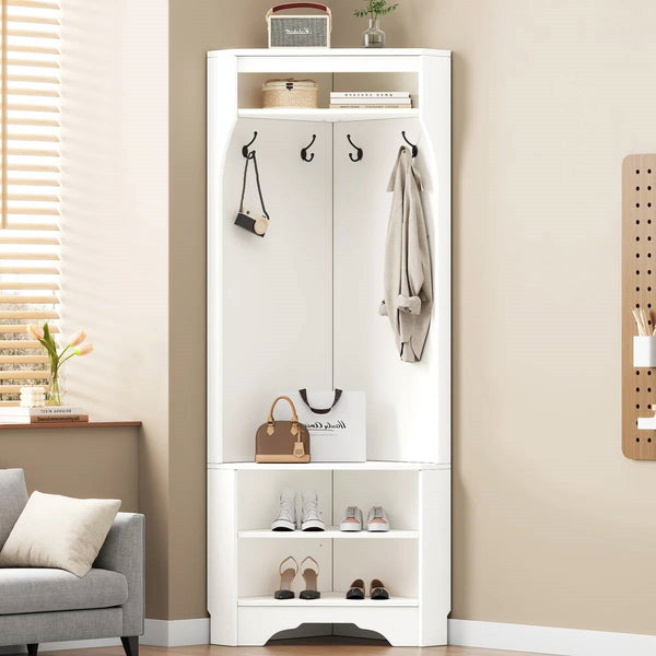 Modern White Corner Hall Tree Coat Rack Entryway Storage Cabinet Shoe Bench