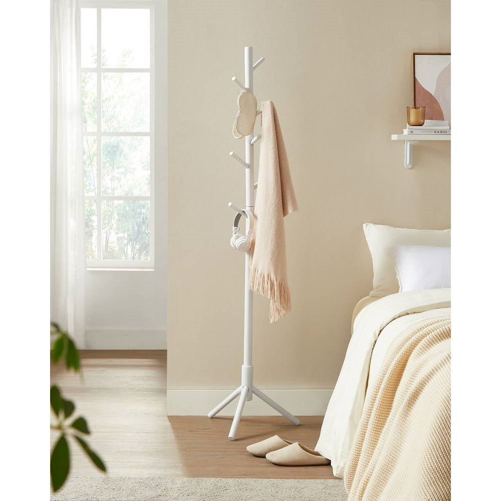 Sturdy Solid Wood Coat Rack in White Finish with 8 Hooks