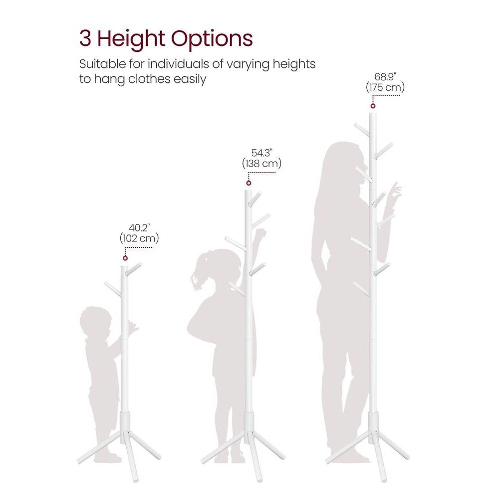Sturdy Solid Wood Coat Rack in White Finish with 8 Hooks