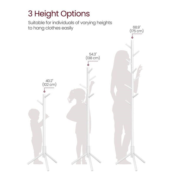 Sturdy Solid Wood Coat Rack in White Finish with 8 Hooks