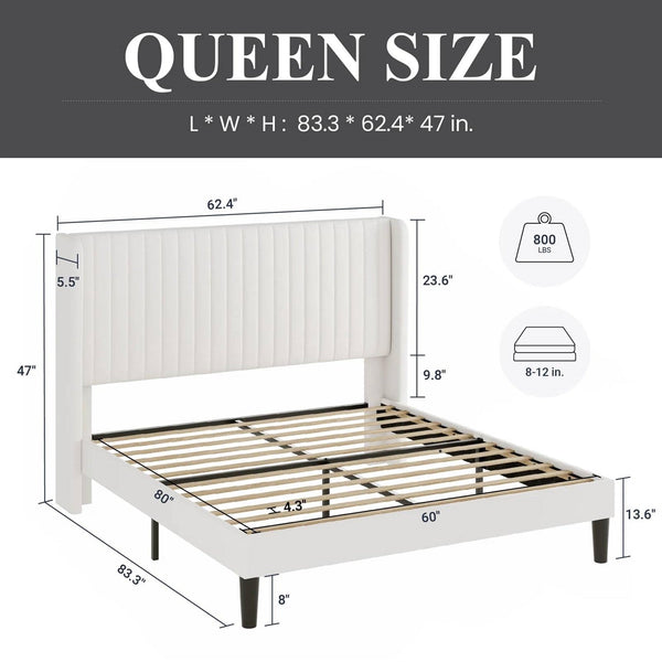 Queen size White Velvet Upholstered Platform Bed Frame with Wingback Headboard