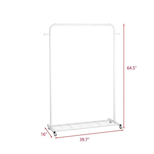 White Modern Garment Rack Clothes Hanging Rod with Lockable Wheels