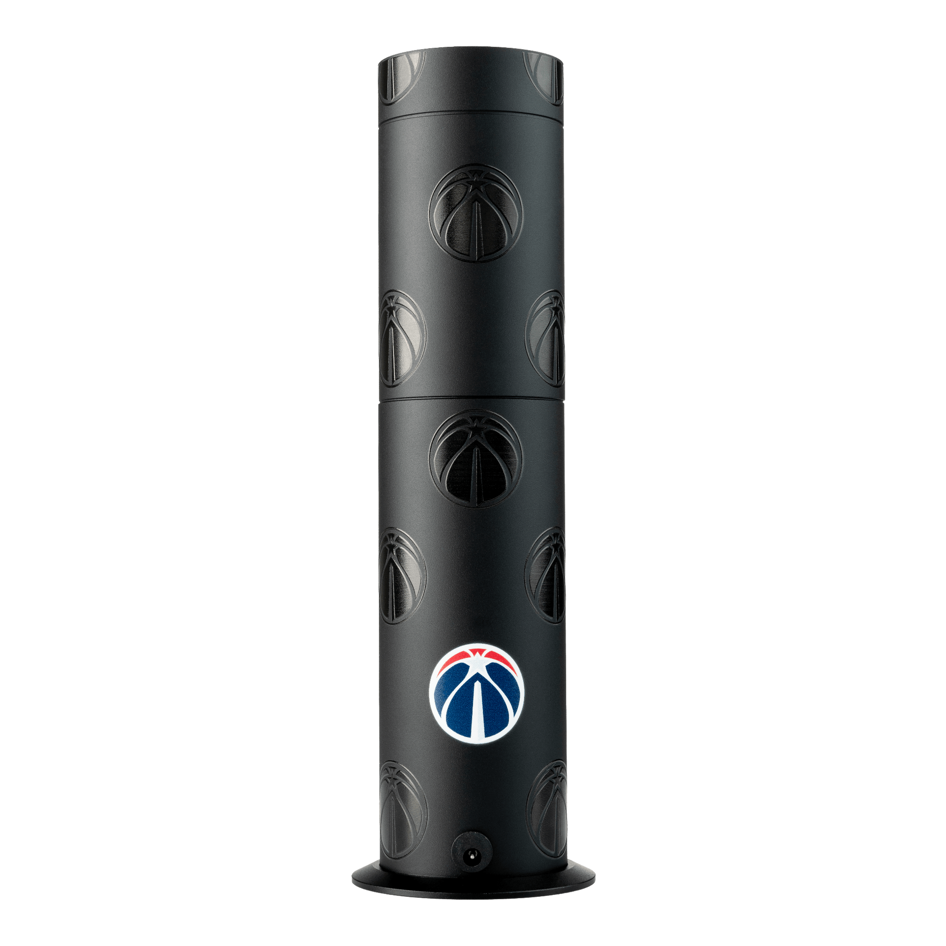 Black cylindrical product with multiple logos on a white background