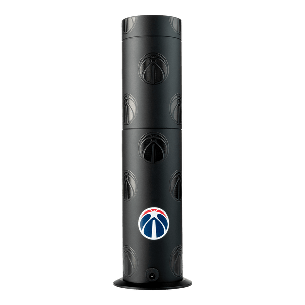 Black cylindrical product with multiple logos on a white background