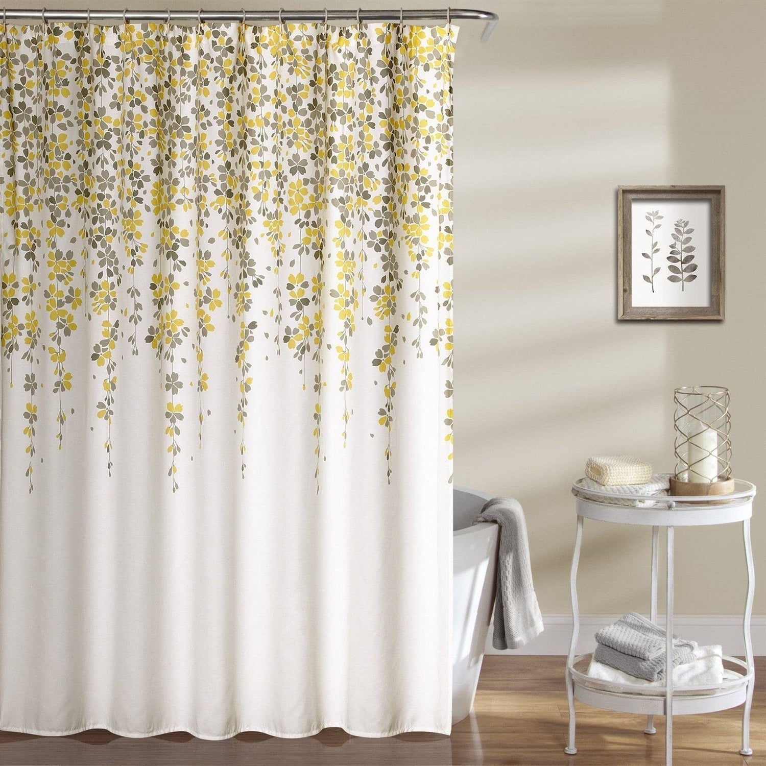 72-inch Off-White Beige Cream Yellow Grey Floral Vines Flowers Shower Curtain